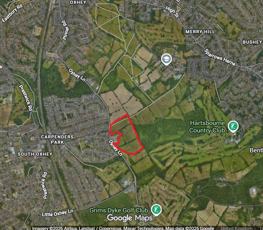 Map showing the wider Oxhey Lane area with the proposed development site marked