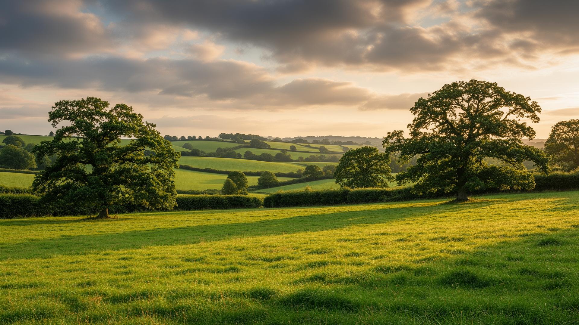 Rolling green fields and oak trees of the Hertfordshire countryside